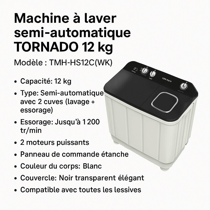 Machine à laver semi-automatique TORNADO 12 kg