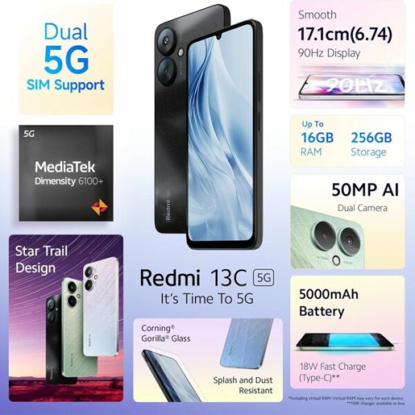 Smartphone XIAOMI Redmi 13C 5G 8Go - 256Go - Noir