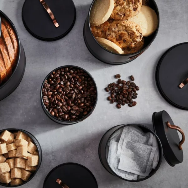 5 boîtes de cuisine élégantes – mates et cuivrées – Noires