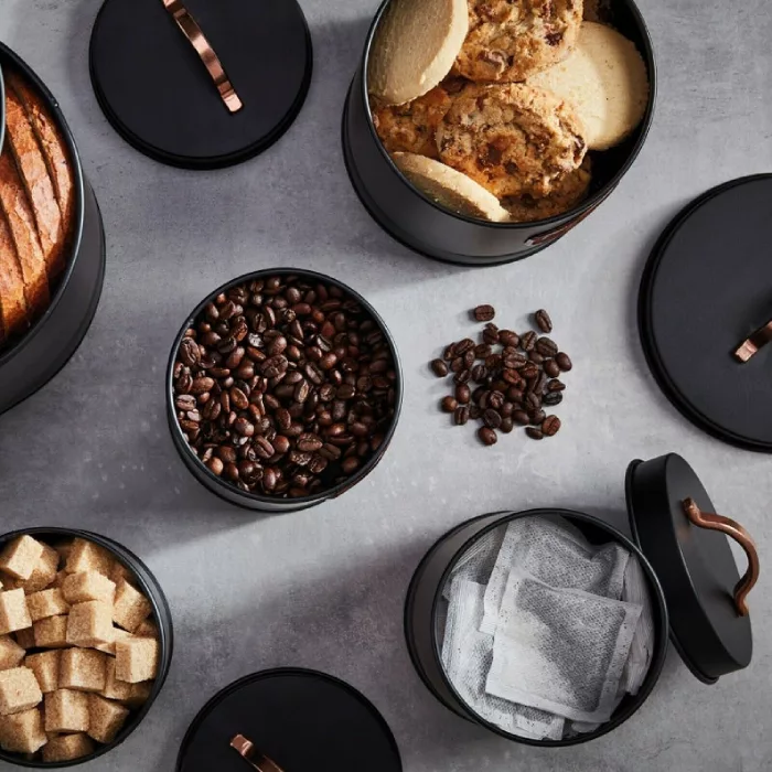 5 boîtes de cuisine élégantes – mates et cuivrées – Noires