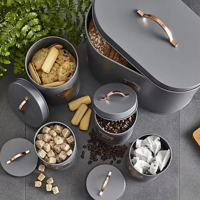 5 boîtes de cuisine élégantes – mates et cuivrées – Noires