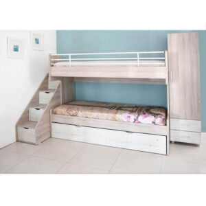 Chambre Enfant TWIN PLUS Sans Bureau à prix pas cher en Tunisie. Lit superposé, armoire 1 porte et finition Chêne Brut / Chêne Blanc.
